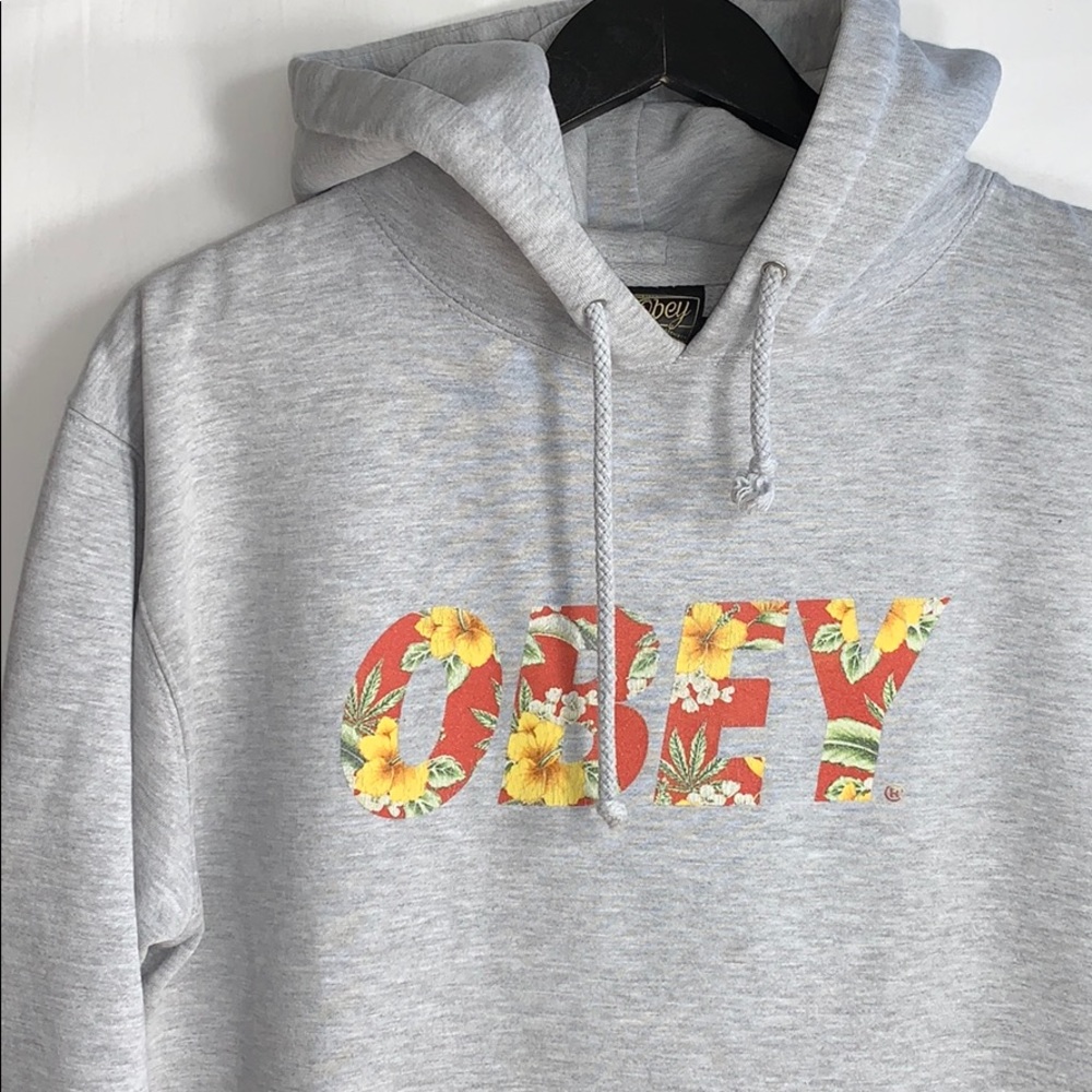 Obey Men’s Gray Pullover Hoodie with Tropical Obey